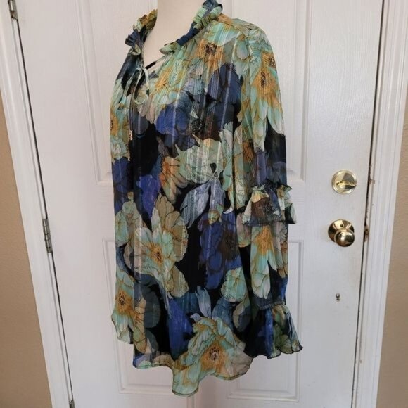 2 Piece Susan Graver Blouse Chiffon Top Blue Floral  Tank Top Career Work 1X - Picture 6 of 9
